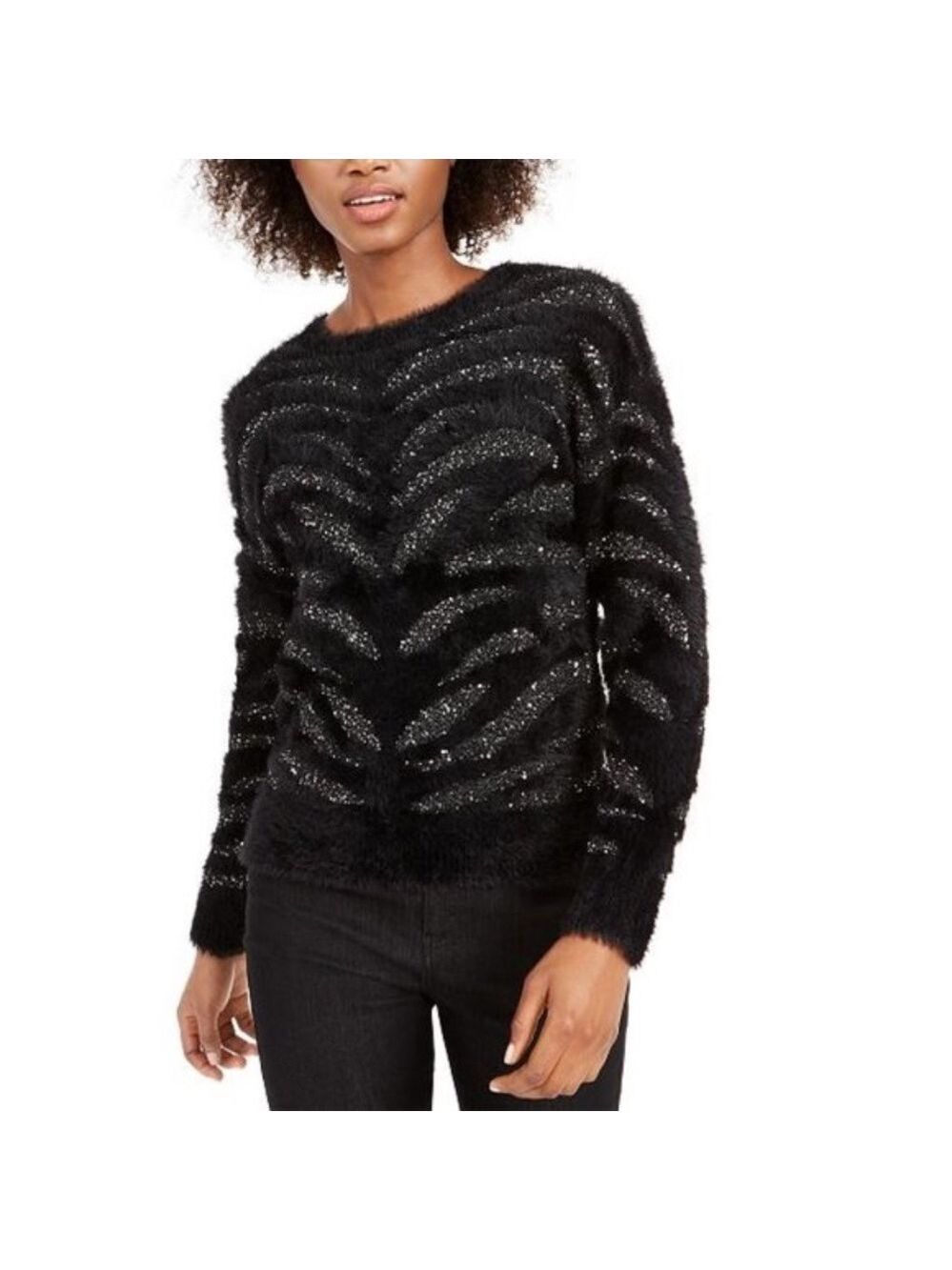 Bar III Zebra-Stripe Sequin Eyelash Sweater